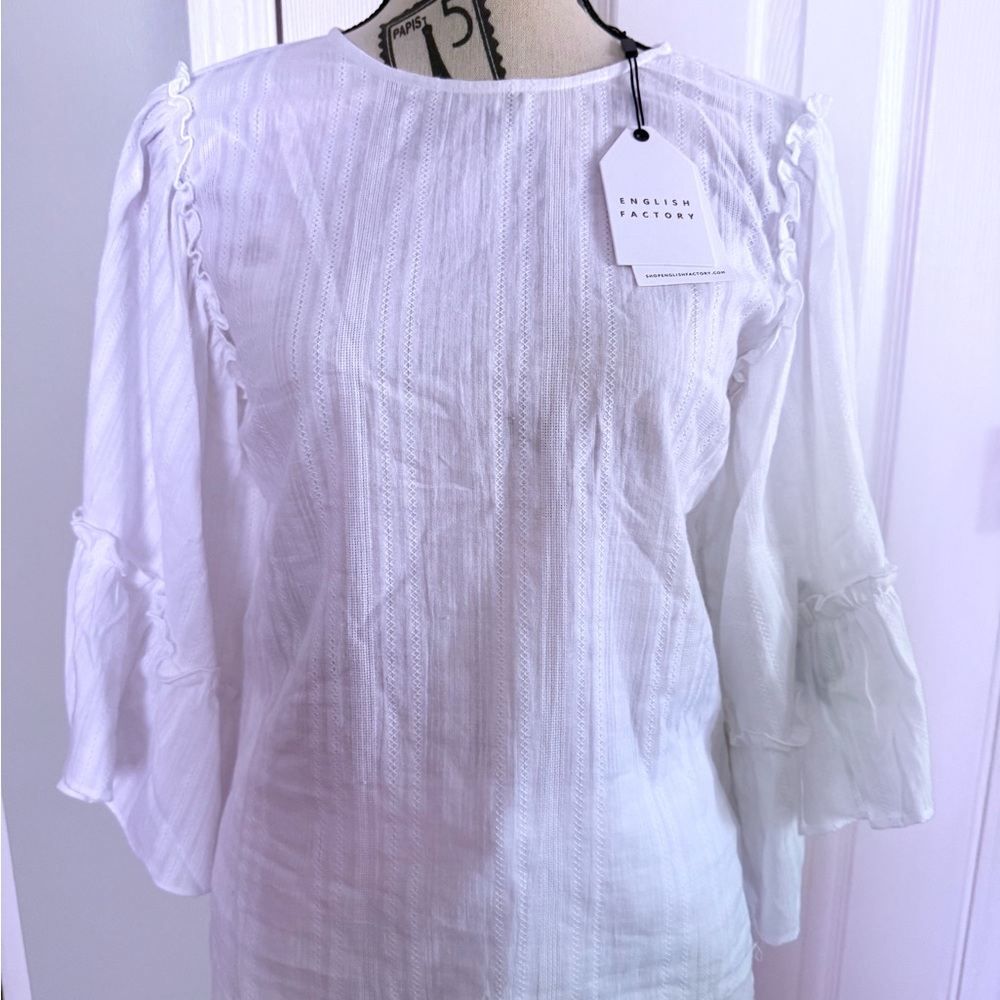NWT English Factory White Ruffle Boho women juniors Top XS 100% cotton